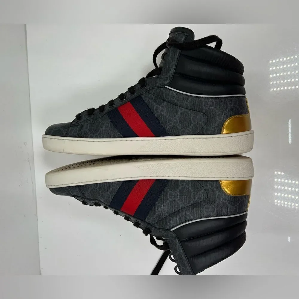 AUTH GUCCI MEN CANVAS GG LOGO PRINT ACE HIGH TOP GOLD BACK SNEAKERS SIZE 8